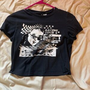 Divided Black Graphic Crop Tee with White Racing Stars